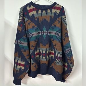 Vtg Pendleton Sweater 100% Wool Aztec Southwest Size XL Mens Navy Crewneck